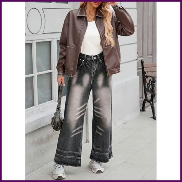 Faux Leather Motorcycle Jacket Women's Oversized Bomber Fall Winter Coat - Picture 6 of 6